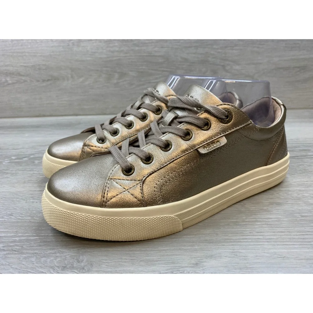 Taos Plim Metallic Gold Leather Sneakers Low Top Women's 8 Comfort Shoes